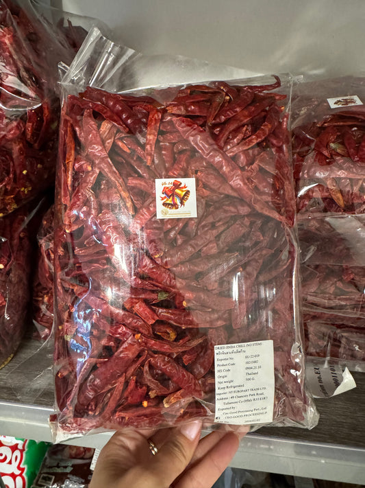 พริกจินดาแห้งเด็ดก้าน 500กรัม / Dried Jinda chili peppers, stems removed