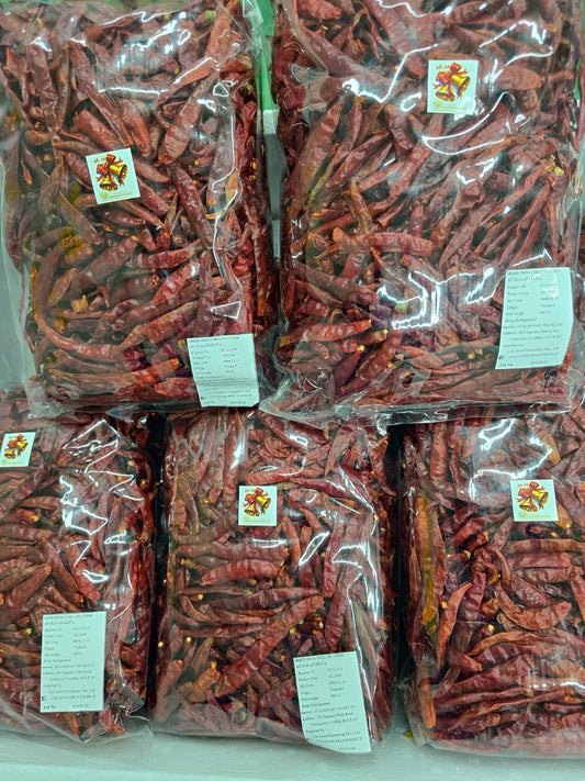 พริกจินดาแห้งเด็ดก้าน 500กรัม / Dried Jinda chili peppers, stems removed